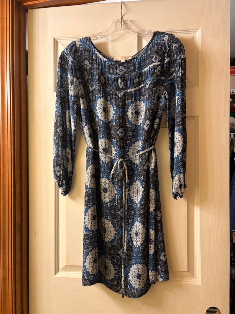LOFT Blue and White Paisley-Print Long Sleeve Tie-Waist Dress